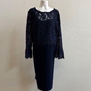 NWOT! Talbots Elegant Navy Blue Lace Bodice Long Bell Sleeve Dress